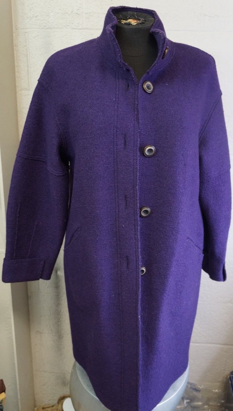Vtg GEIGER Austria Purple Boiled Wool Coat Jacket Funnel Neck Overcoat Sz 38